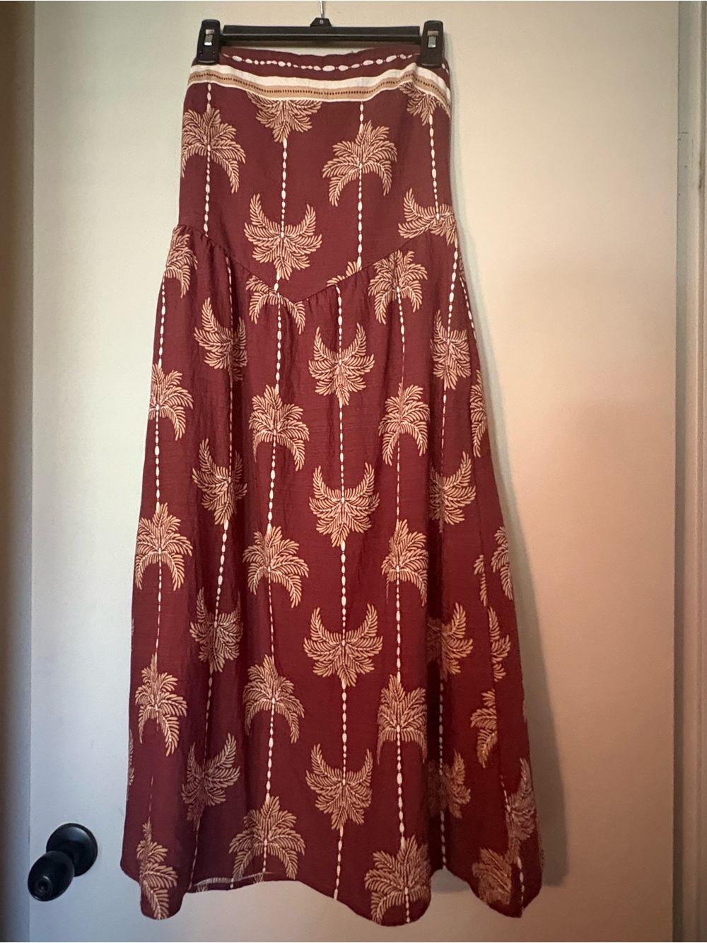 Monteau Burgundy Maxi  dress with Cream Palm Print